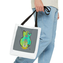 Load image into Gallery viewer, Electric Guitar Art Tote Bag — Retro Aqua Grid Music Design
