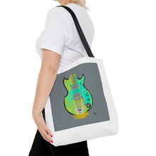 Load image into Gallery viewer, Electric Guitar Art Tote Bag — Retro Aqua Grid Music Design

