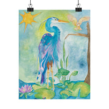 Load image into Gallery viewer, Heron &amp; Owl Watercolor Matte Poster — Vertical Nature Art Print
